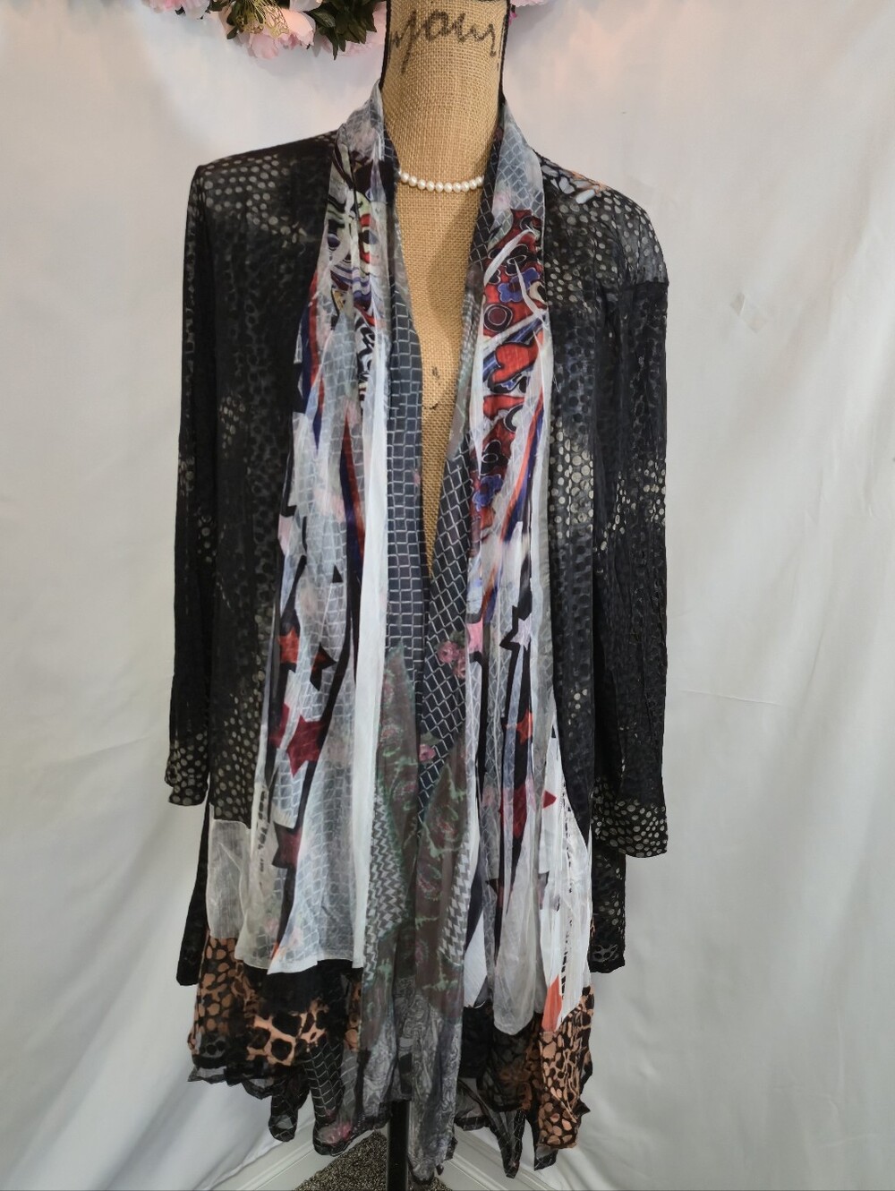 The Pyramid Collection Black Openwork Cardigan with Multicolor Scarf Detail